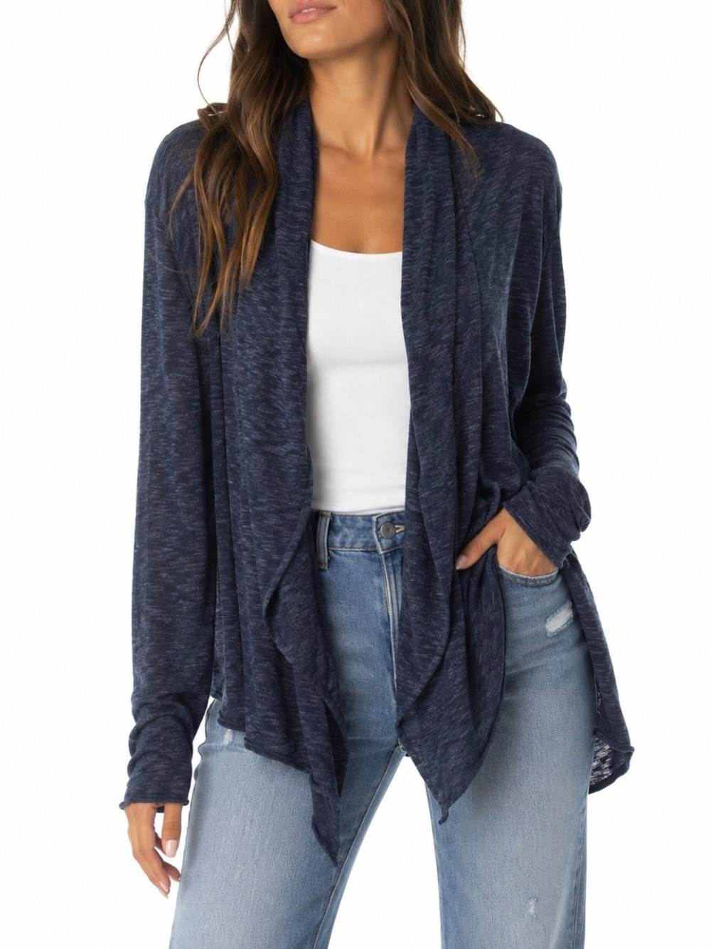 StitchDrop Navy Open Front Drape Cardigan Sweater Lightweight – Size S